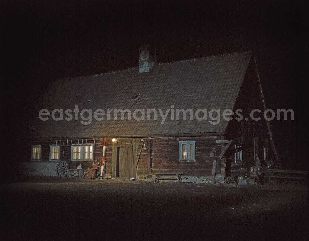 Weißkeißel at night from above - Agricultural work in a farm and farm at night in the district Haide in Weisskeissel, Saxony on the territory of the former GDR, German Democratic Republic