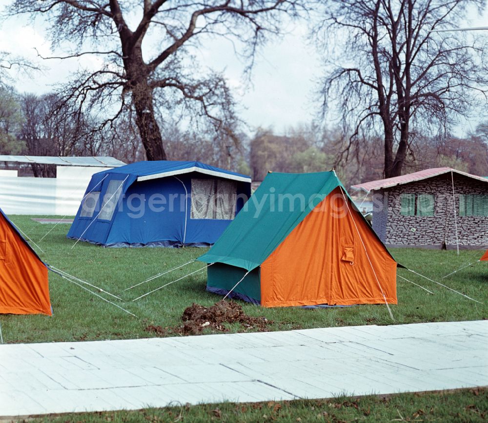 GDR image archive: Berlin - At the camping exhibition in Treptower Park, tents in various shapes and colors are presented in Berlin East Berlin on the territory of the former GDR, German Democratic Republic