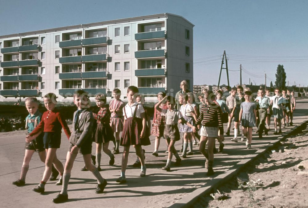 GDR picture archive: Berlin - Schüler gehen in ihrer Klasse in einem Neubauviertel in Berlin spazieren.