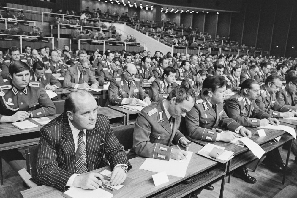 GDR photo archive: Dresden - Soldiers, non-commissioned officers, officers and generals as members of the NVA National People's Army at the delegates' conference in the Kulturpalast in the Altstadt district of Dresden, Saxony in the territory of the former GDR, German Democratic Republic