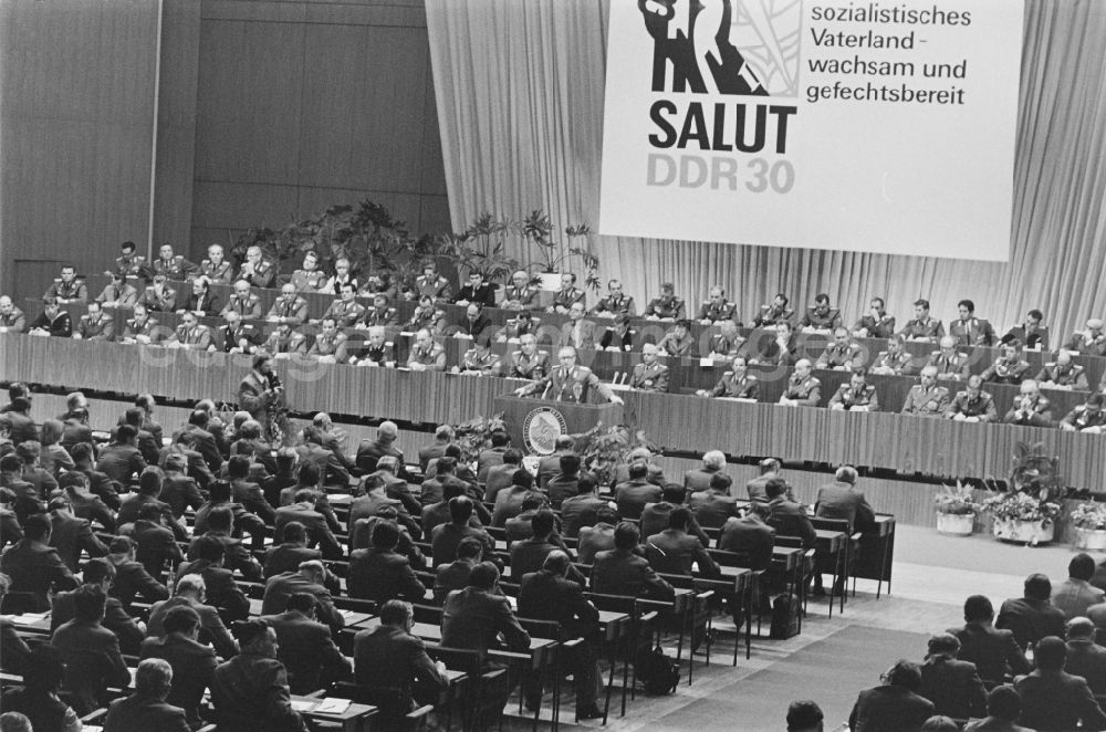 GDR photo archive: Dresden - Soldiers, non-commissioned officers, officers and generals as members of the NVA National People's Army at the delegates' conference in the Kulturpalast in the Altstadt district of Dresden, Saxony in the territory of the former GDR, German Democratic Republic