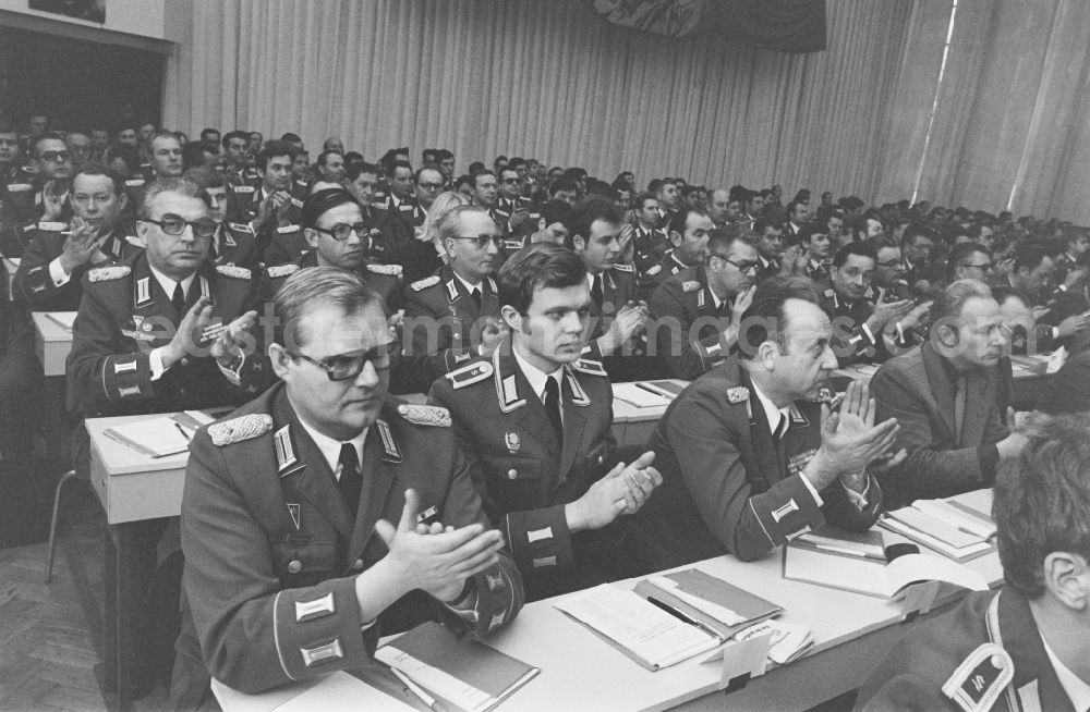 GDR picture archive: Potsdam - Soldiers, non-commissioned officers, officers and generals as members of the NVA National People's Army at the delegate conference in the Kremlin on street Brauhausberg in Potsdam, Brandenburg on the territory of the former GDR, German Democratic Republic