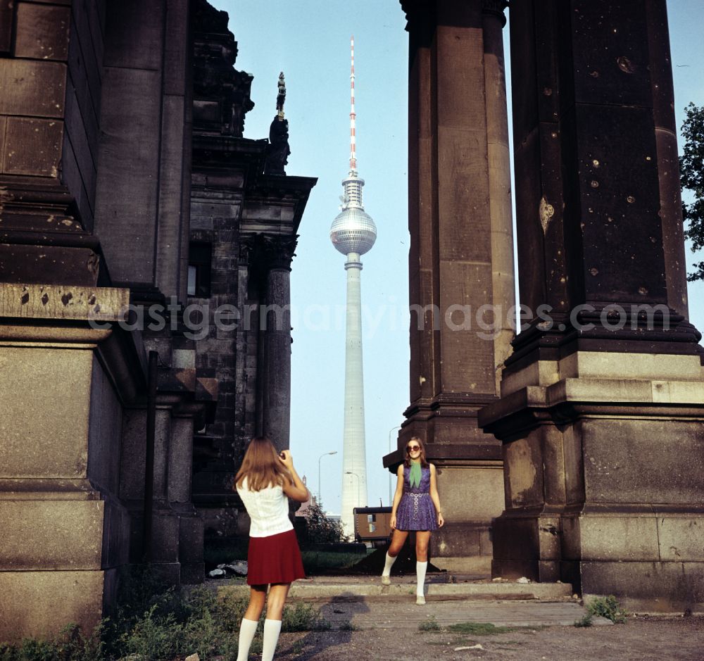 GDR image archive: Berlin - Cathedral - facade and roof of the sacred building Berlin Cathedral with the television tower in the background on the street Am Lustgarten in the Mitte district of Berlin East Berlin on the territory of the former GDR, German Democratic Republic