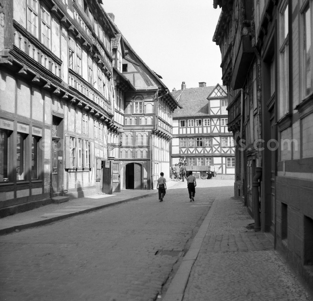 Halberstadt: Half-timbered facade and building front Hoher Weg - Am Kulk in Halberstadt in the state Saxony-Anhalt on the territory of the former GDR, German Democratic Republic