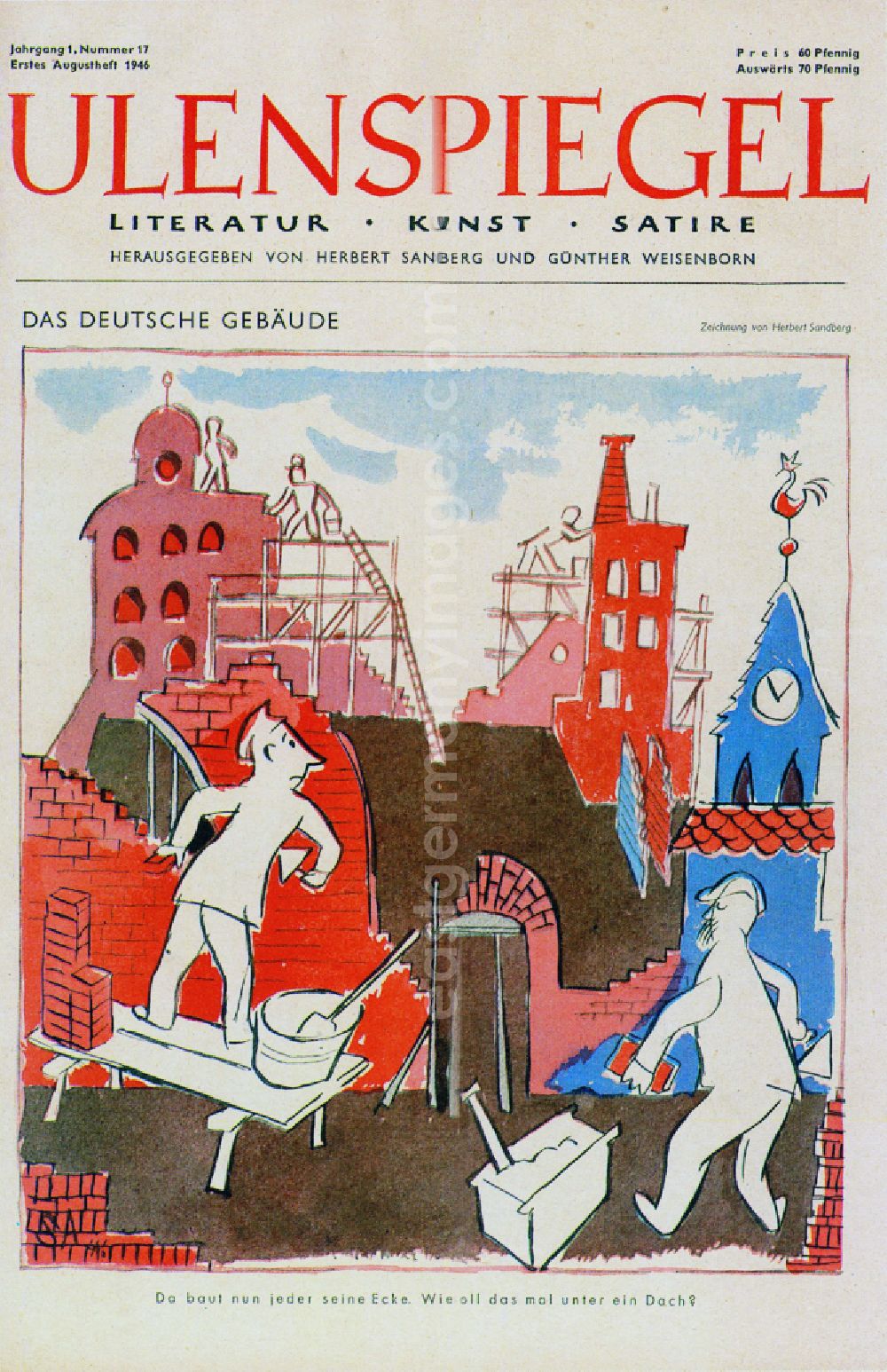 Berlin: Colored graphics Das Deutsche Gebaeude for titel of magazin ULENSPIEGEL of the GDR artist Herbert Sandberg in Berlin Eastberlin on the territory of the former GDR, German Democratic Republic