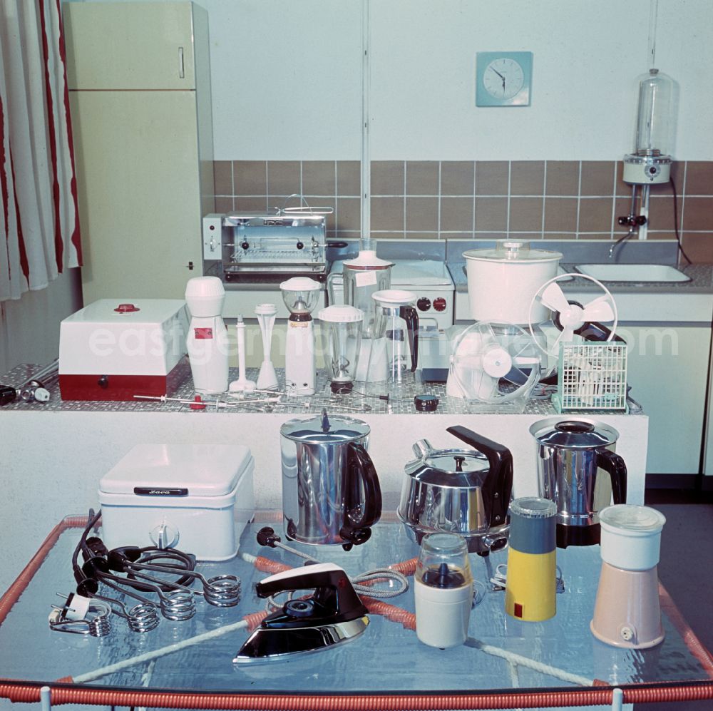 GDR image archive: Berlin - Household appliances of various models in a kitchen household in Berlin East Berlin in the territory of the former GDR, German Democratic Republic