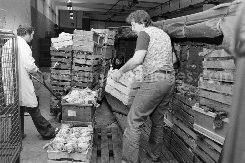 GDR picture archive: Berlin - Salesperson at the goods acceptance point in the Kaufhalle shopping center on Schoenhauser Allee in the Pankow district of Berlin, East Berlin, in the territory of the former GDR, German Democratic Republic