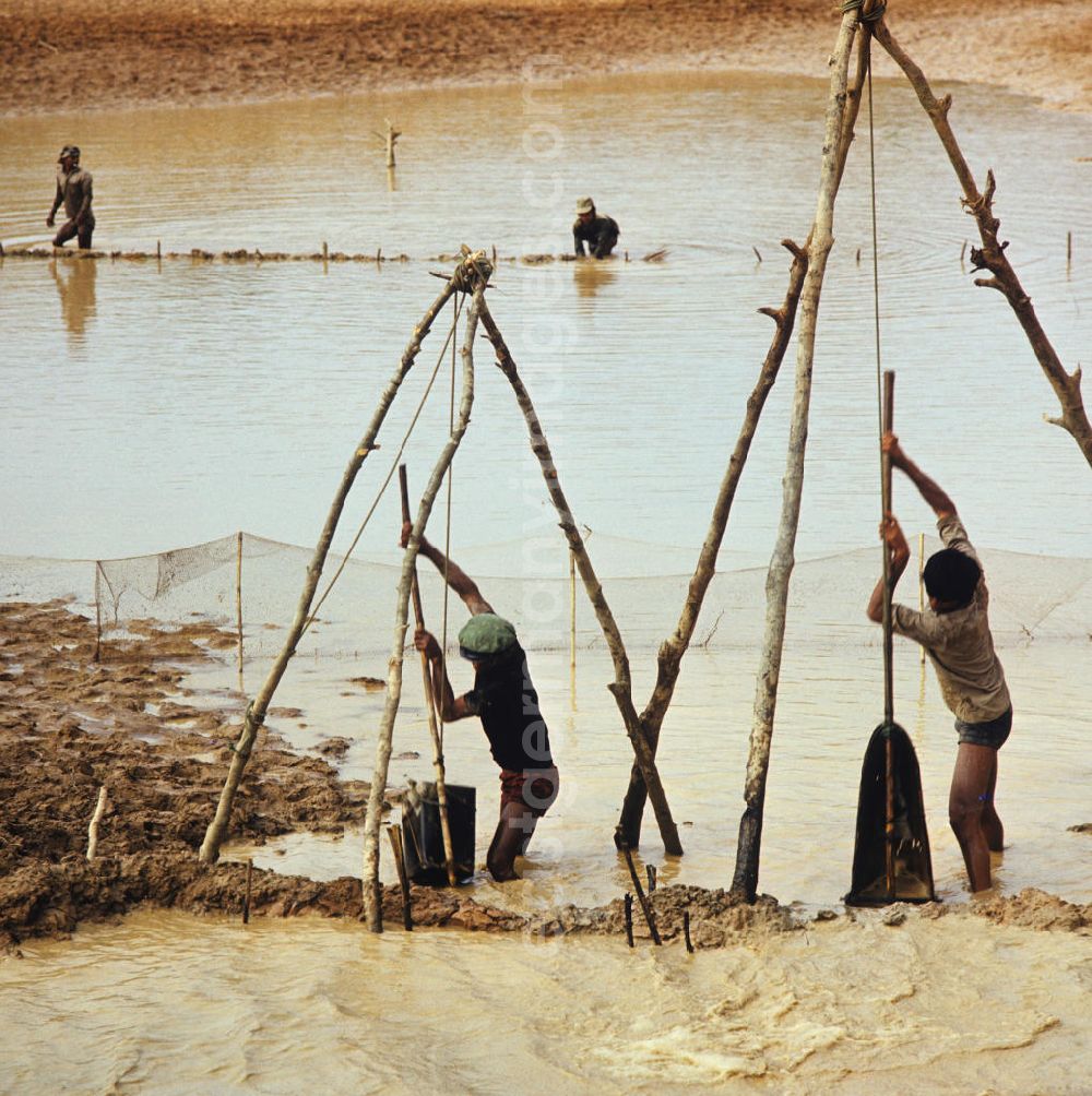 GDR picture archive: Nam Ngum - Männer beim Fischfang am Fluß Nam Ngum in der Demokratischen Volksrepublik Laos.