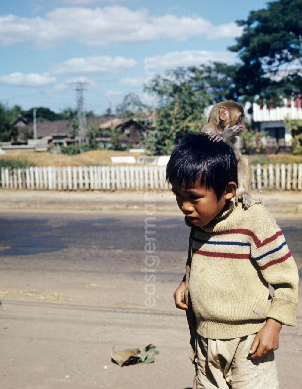 Vientiane: Ein Junge spielt mit einem Affen als Haustier auf einer Straße in Vientiane in der Demokratischen Volksrepublik Laos.