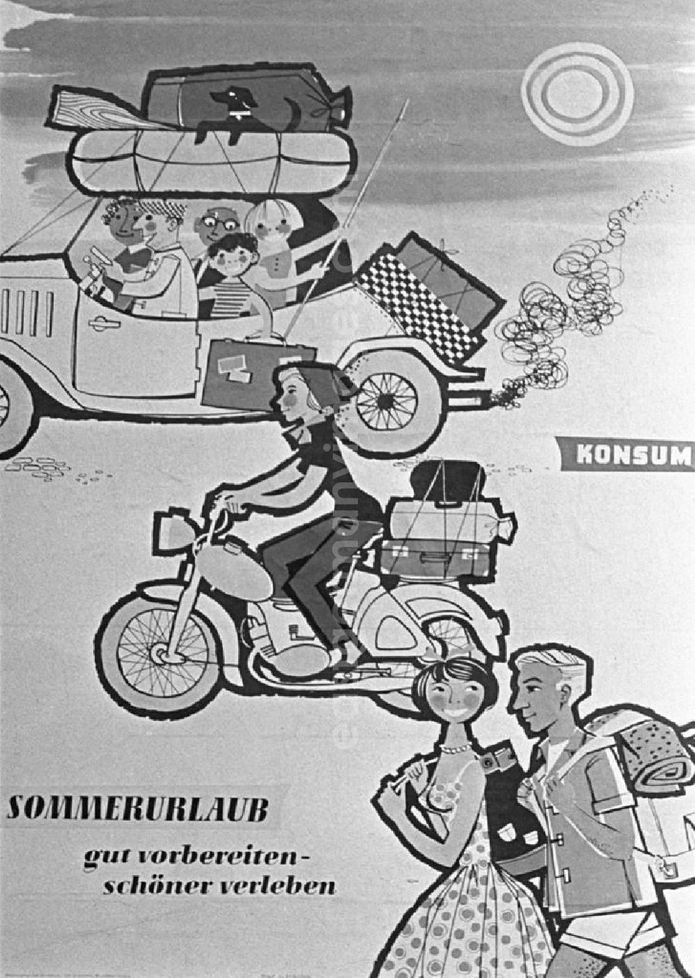 GDR image archive: Leipzig - Auf einem Plakat wirbt der Konsum mit Motiven zum Sommerurlaub und dem Slogan Sommerurlaub - gut vorbereiten - schöner verleben.