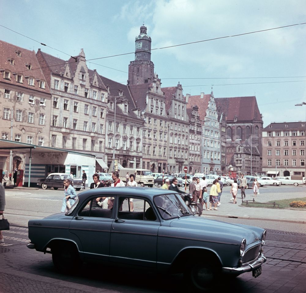 Wroclaw - Breslau: Market square with St. Elizabeth's Church in the background in Wroclaw - Breslau in Poland