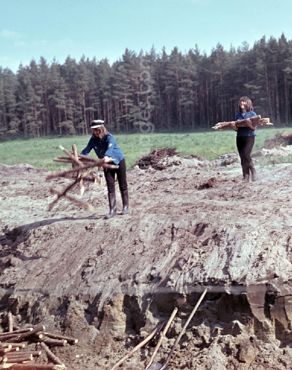 Nauen: FDJ members carrying out land reclamation work to drain agricultural land in Nauen, Brandenburg in the territory of the former GDR, German Democratic Republic