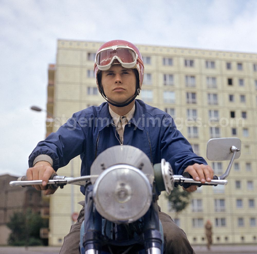 GDR image archive: Berlin - Motorcycle - motor vehicle in road traffic on street B1 in Berlin Eastberlin on the territory of the former GDR, German Democratic Republic