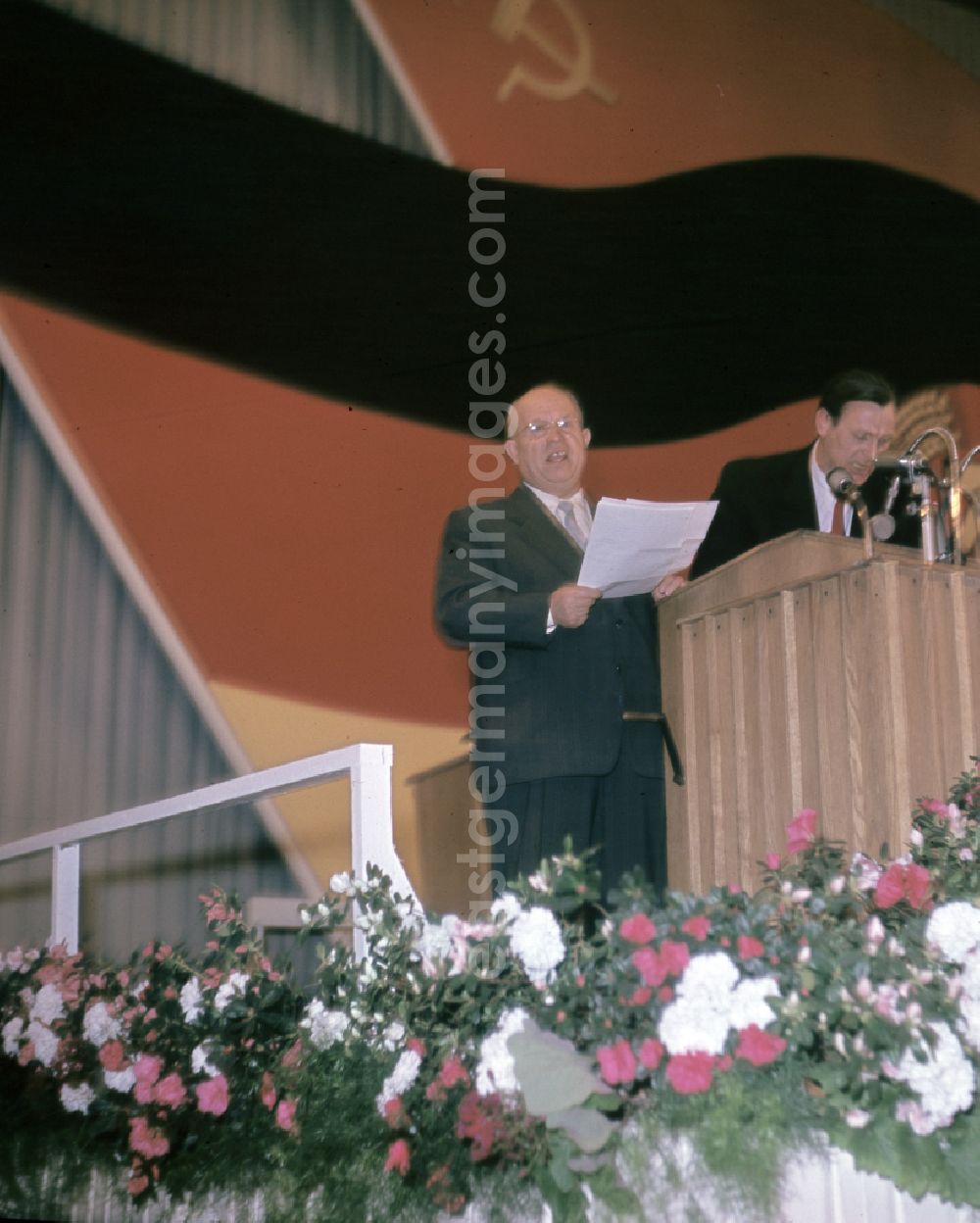 GDR photo archive: Berlin - Nikita Sergeyevich Khrushchev as speaker at the mass rally of the National Front of the GDR under the motto In the Sign of Friendship in the Werner-Seelenbinder-Halle in the Prenzlauer Berg district of East Berlin in the territory of the former GDR, German Democratic Republic