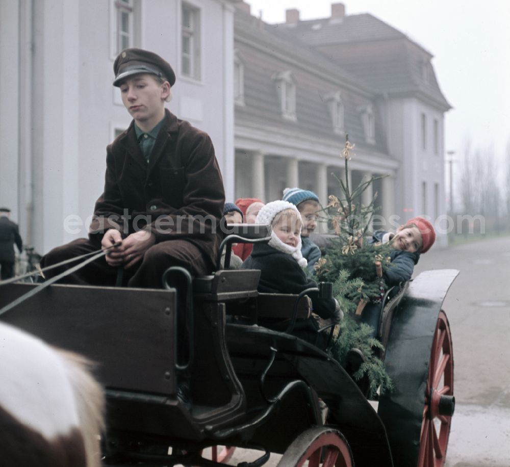 GDR image archive: Berlin - Horse-drawn carriage with children on a short excursion through the gate of the Berlin Zoo at Friedrichsfelde Palace in East Berlin on the territory of the former GDR, German Democratic Republic