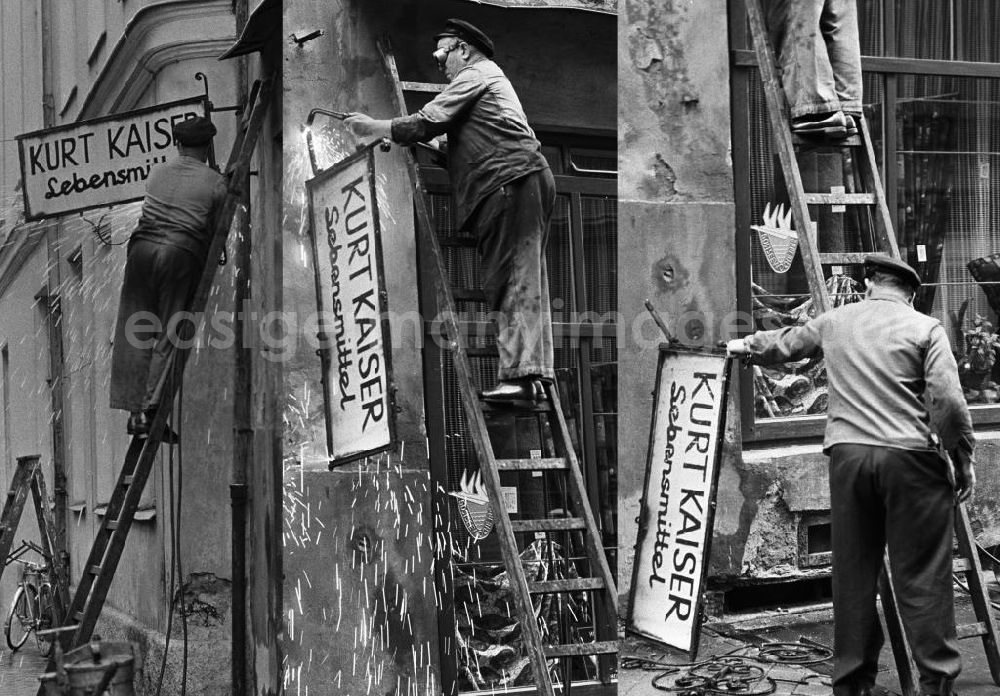 GDR image archive: Rostock - Die Bildkombo zeigt die Demontage des Schildes des Lebensmittelladens Kurt Kaiser in Rostock. Das Geschäft mußte einem Textilladen weichen.