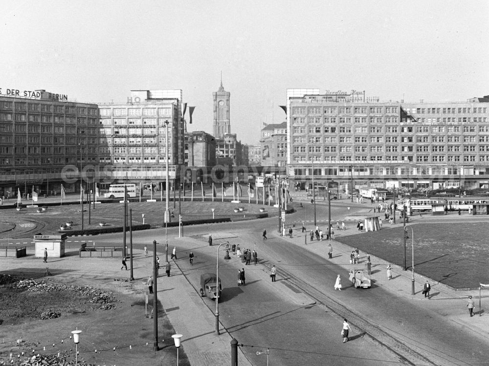 GDR picture archive: Berlin - Road traffic and road conditions at the Alexanderhaus and the Berolinahaus in the area of the Alexanderplatz S-Bahn station in the Mitte district of Berlin East Berlin in the area of the former GDR, German Democratic Republic