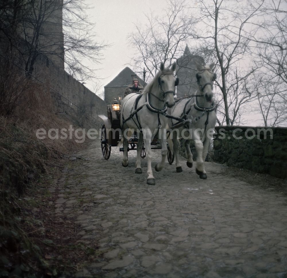 Bautzen: Scene from the film and television production Continent Hope - a horse-drawn carriage drives from the direction of Bautzen - Ortenberg on a cobblestone path on the street Vor dem Gerbertor in Bautzen, Saxony in the area of the former GDR, German Democratic Republic