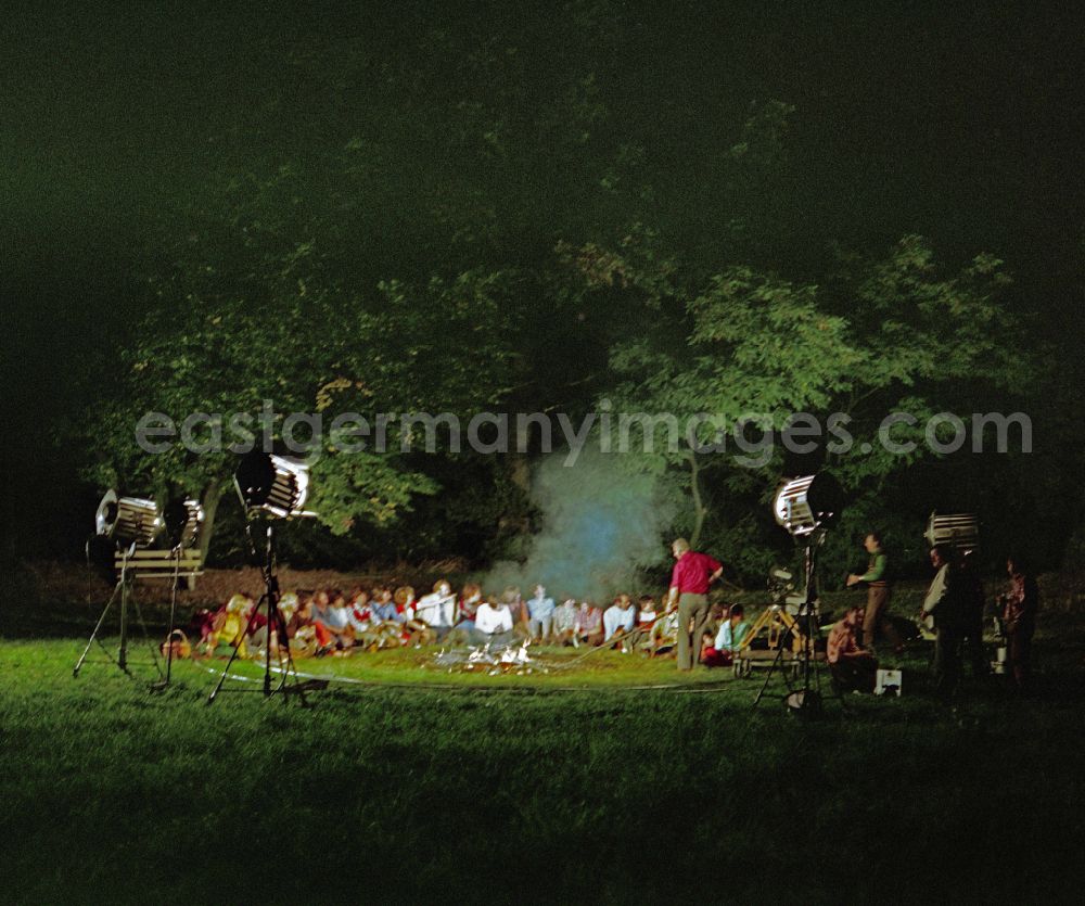 Crostwitz: Scene from the film and television production Portrait of a Center with Sorbian villagers at a nighttime campfire in Crostwitz, Saxony in the area of the former GDR, German Democratic Republic