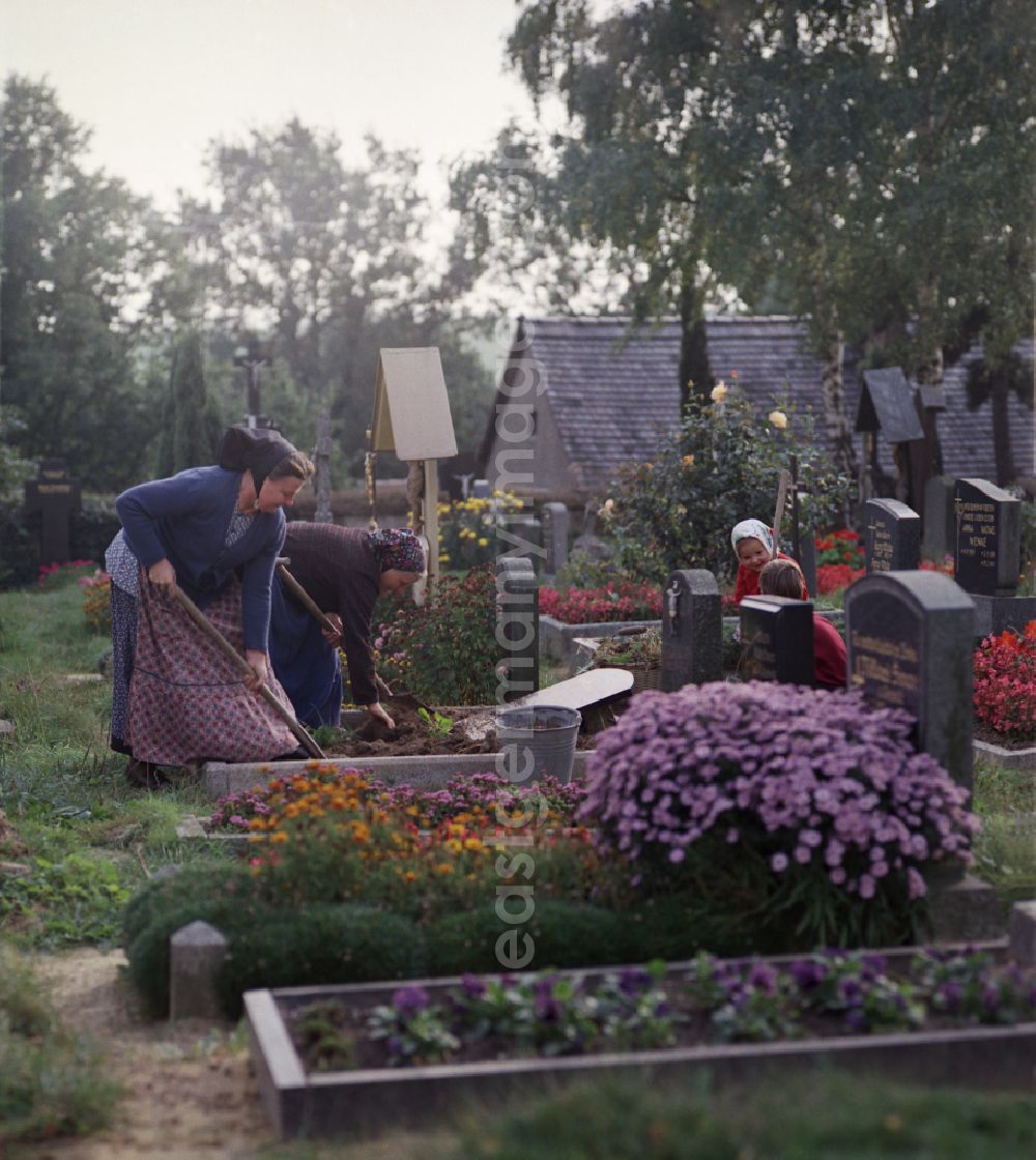 Ralbitz: Scene from the film and television production Portrait of a Center in front of grave crosses and cemetery stones of a Sorbian cemetery on the main street in Ralbitz, Saxony in the area of the former GDR, German Democratic Republic