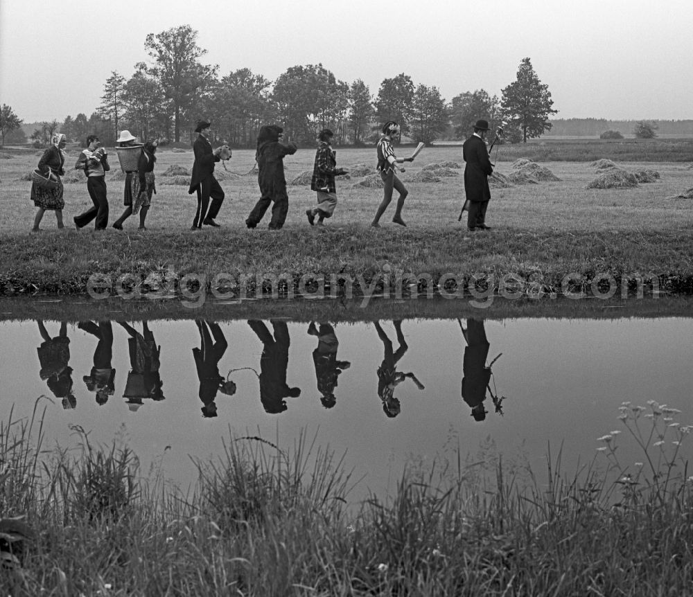 GDR photo archive: Schleife - Scene from the film and television production Struga - Pictures of a Landscape with passing musicians and their musical instruments in clown costumes on the road Waldrand in Schleife, Saxony in the area of the former GDR, German Democratic Republic