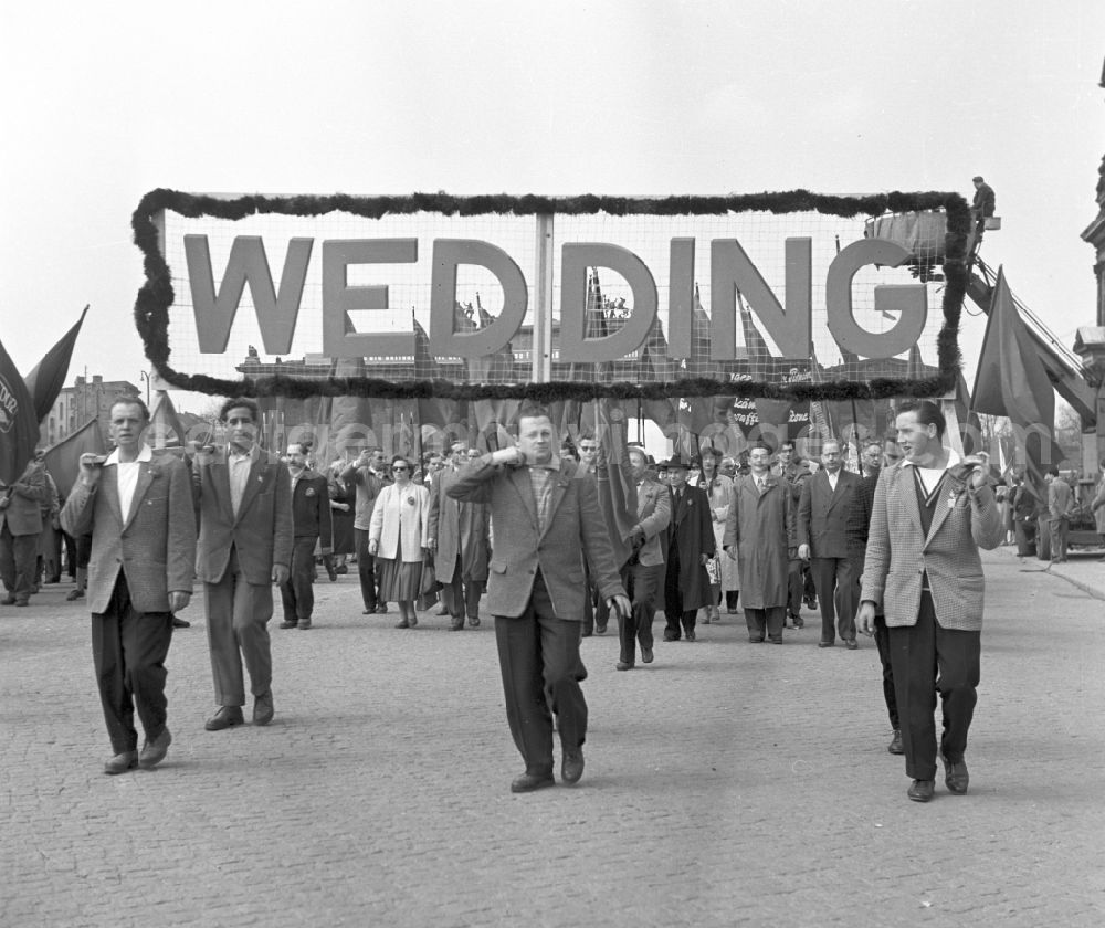 Berlin: Workers from West Berlin taking part in the May 1st demonstrations with the banner Wedding on the streets of the city center at Schlossplatz - Marx-Engels-Platz - Lustgarten in the Mitte district of Berlin, East Berlin on the territory of the former GDR, German Democratic Republic