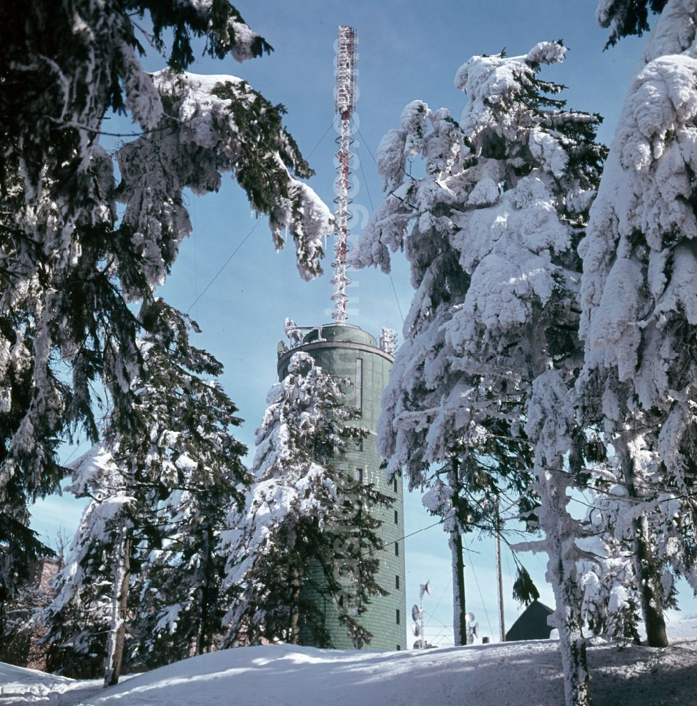 Bad Tabarz: View of the Grosser Inselsberg with transmission tower in winter in Bad Tabarz, Thuringia in the area of the former GDR, German Democratic Republic