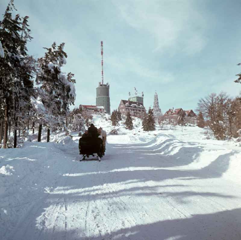 Holidaymakers in a horse-drawn sleigh on the way to the viewing point on the Grosser Inselsberg in winter in Bad Tabarz, Thuringia in the territory of the former GDR, German Democratic Republic