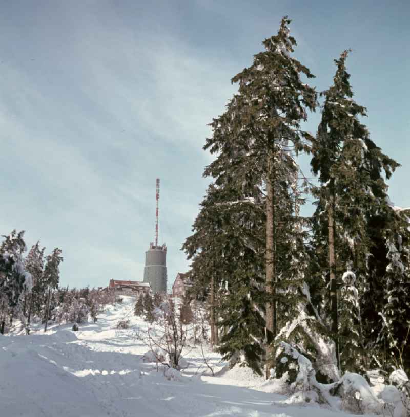 View of the Grosser Inselsberg with transmission tower in winter in Bad Tabarz, Thuringia in the area of the former GDR, German Democratic Republic