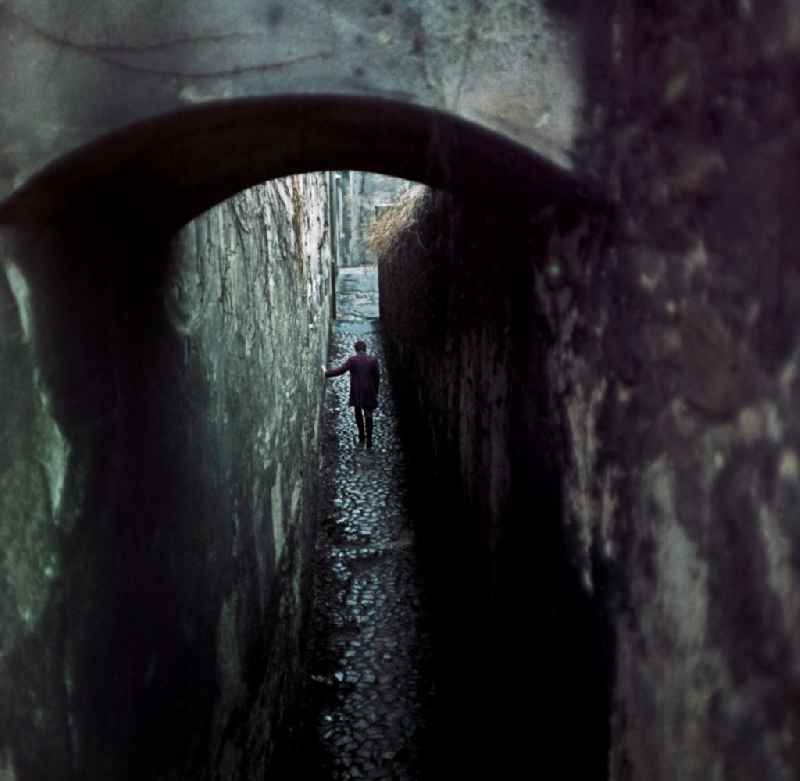 Scene from the film and television production 'Continent Hope' with the actor Manfred Schulz as painter Heinrich Theodor Wehle at the Fleischergasse in Bautzen, Saxony in the area of the former GDR, German Democratic Republic