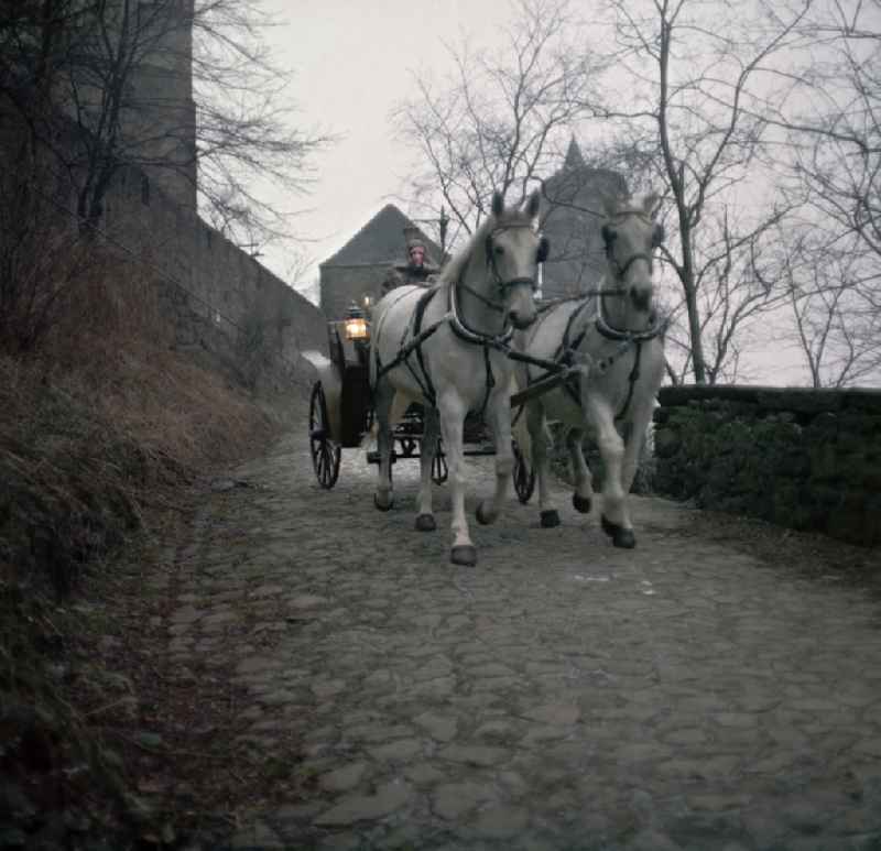 Scene from the film and television production 'Continent Hope' - a horse-drawn carriage drives from the direction of Bautzen - Ortenberg on a cobblestone path on the street Vor dem Gerbertor in Bautzen, Saxony in the area of the former GDR, German Democratic Republic