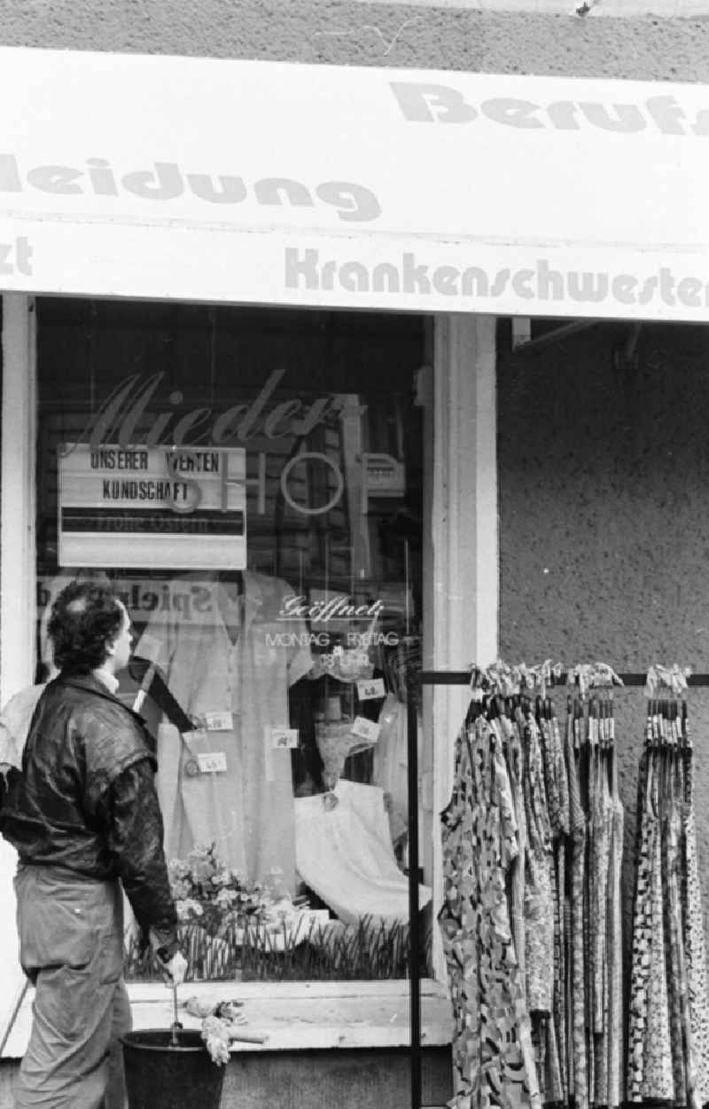 Shop for corsetry and workwear on Frankfurter Allee in Berlin Friedrichshain, former capital of the GDR, German Democratic Republic