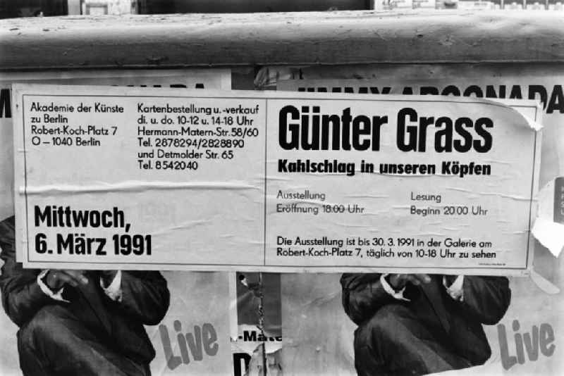 Poster for the exhibition opening and reading in the gallery at Robert-Koch-Platz by Guenter Grass 'Emptiness in Our Heads' in Berlin