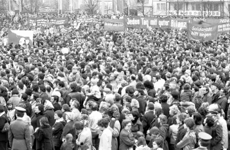 Demonstration and street action zum 1. Mai on Karl-Marx-Allee in the district Mitte in Berlin, the former capital of the GDR, German Democratic Republic