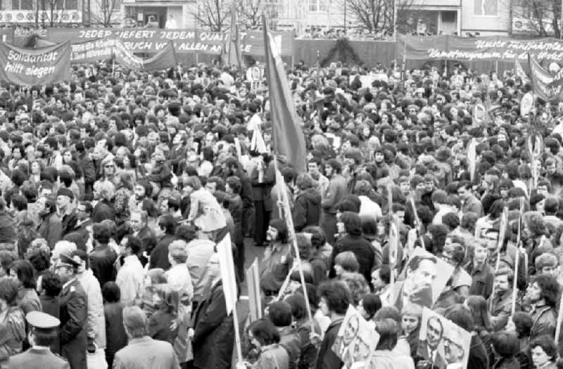 Demonstration and street action zum 1. Mai on Karl-Marx-Allee in the district Mitte in Berlin, the former capital of the GDR, German Democratic Republic