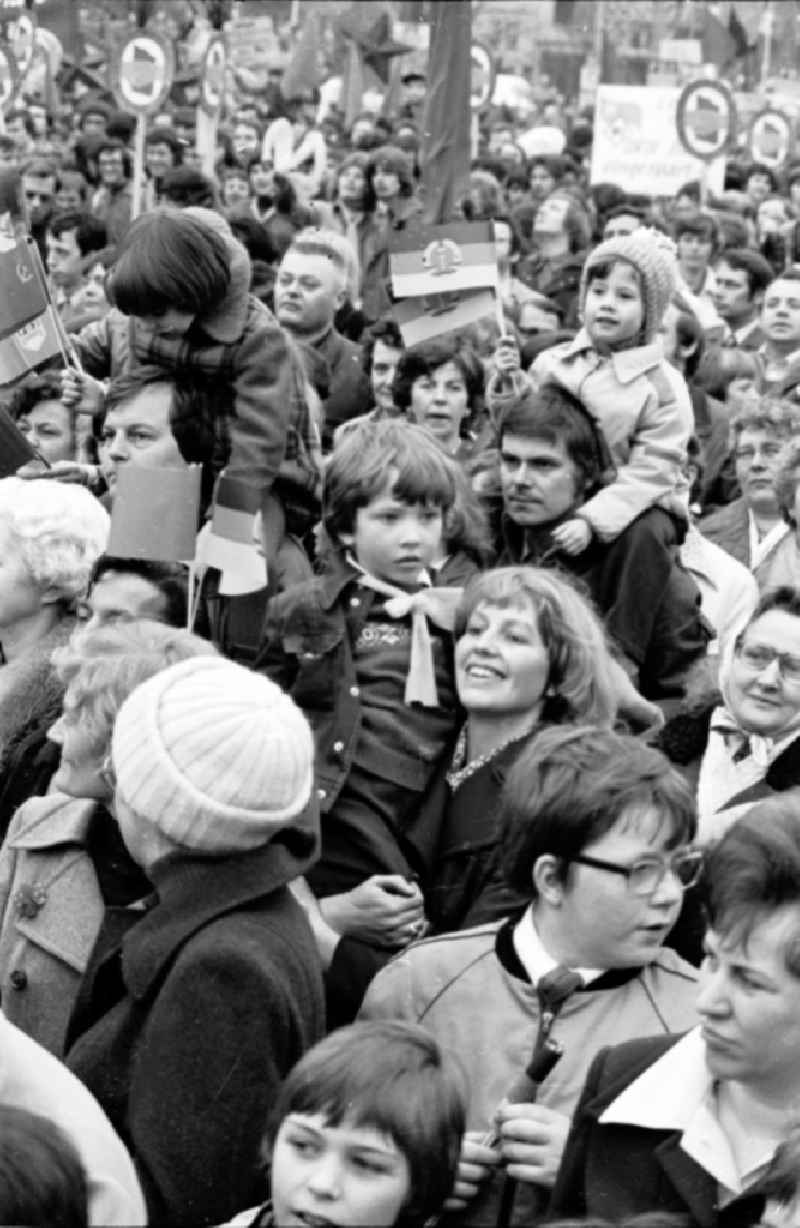 Demonstration and street action zum 1. Mai on Karl-Marx-Allee in the district Mitte in Berlin, the former capital of the GDR, German Democratic Republic