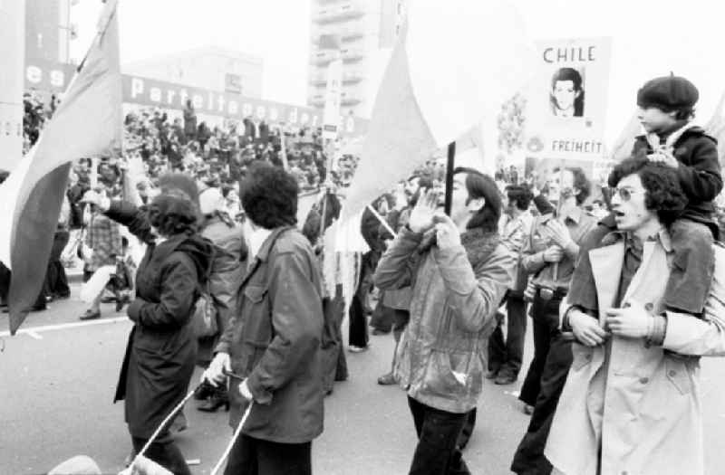 Demonstration and street action zum 1. Mai on Karl-Marx-Allee in the district Mitte in Berlin, the former capital of the GDR, German Democratic Republic