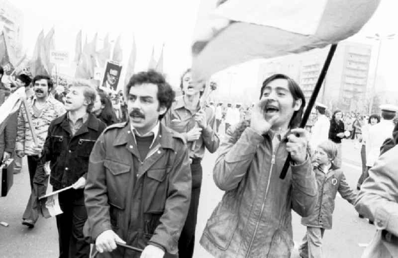 Demonstration and street action zum 1. Mai on Karl-Marx-Allee in the district Mitte in Berlin, the former capital of the GDR, German Democratic Republic