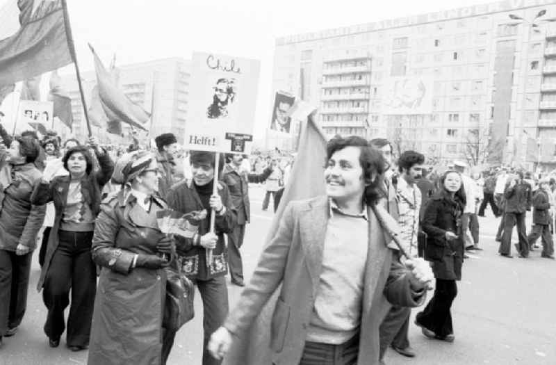 Demonstration and street action zum 1. Mai on Karl-Marx-Allee in the district Mitte in Berlin, the former capital of the GDR, German Democratic Republic