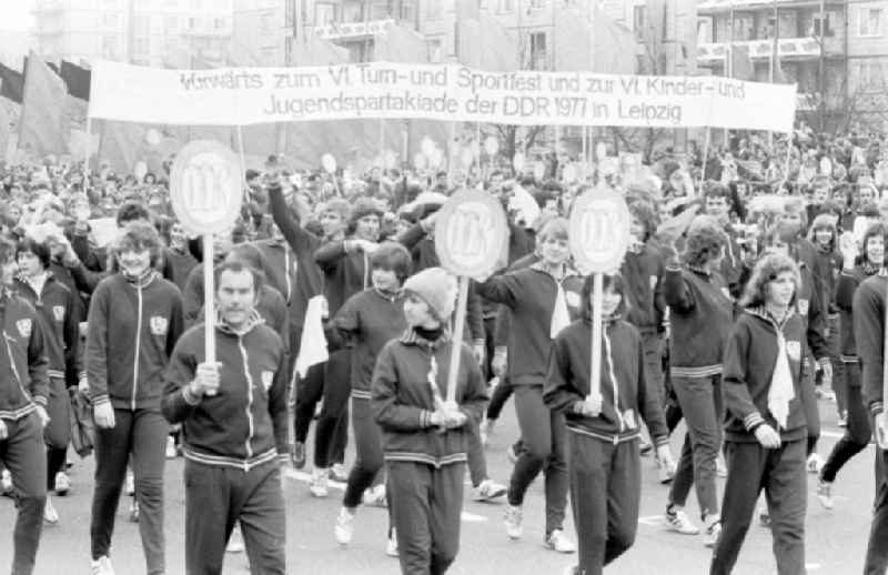 Demonstration and street action zum 1. Mai on Karl-Marx-Allee in the district Mitte in Berlin, the former capital of the GDR, German Democratic Republic