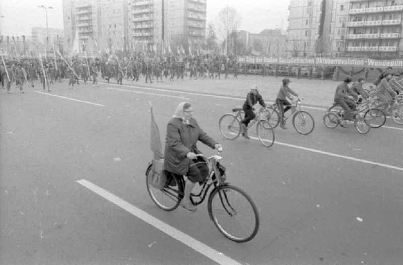 Demonstration and street action zum 1. Mai on Karl-Marx-Allee in the district Mitte in Berlin, the former capital of the GDR, German Democratic Republic