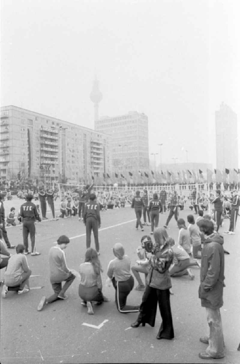 Demonstration and street action zum 1. Mai on Karl-Marx-Allee in the district Mitte in Berlin, the former capital of the GDR, German Democratic Republic