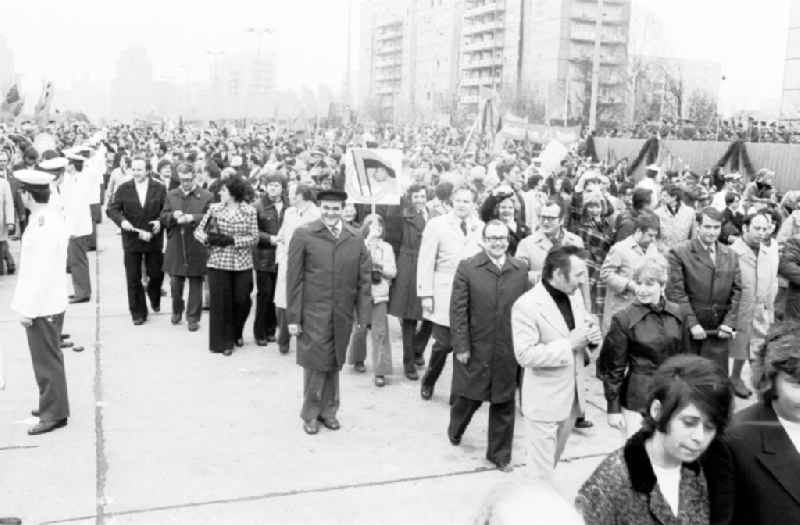 Demonstration and street action zum 1. Mai on Karl-Marx-Allee in the district Mitte in Berlin, the former capital of the GDR, German Democratic Republic