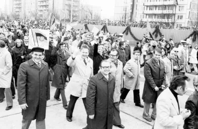 Demonstration and street action zum 1. Mai on Karl-Marx-Allee in the district Mitte in Berlin, the former capital of the GDR, German Democratic Republic