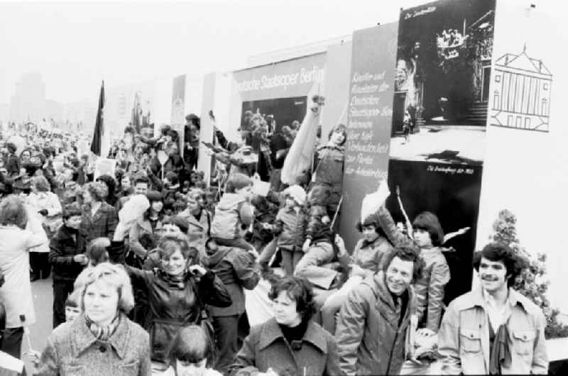 Demonstration and street action zum 1. Mai on Karl-Marx-Allee in the district Mitte in Berlin, the former capital of the GDR, German Democratic Republic