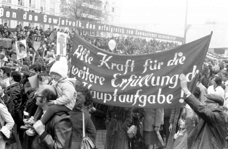 Demonstration and street action zum 1. Mai on Karl-Marx-Allee in the district Mitte in Berlin, the former capital of the GDR, German Democratic Republic