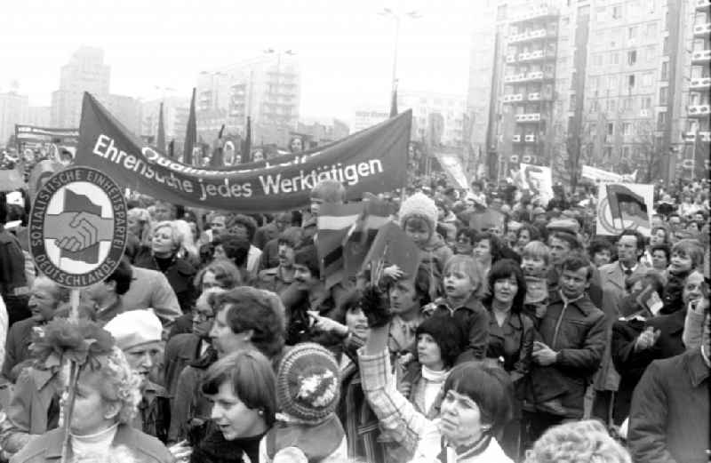 Demonstration and street action zum 1. Mai on Karl-Marx-Allee in the district Mitte in Berlin, the former capital of the GDR, German Democratic Republic