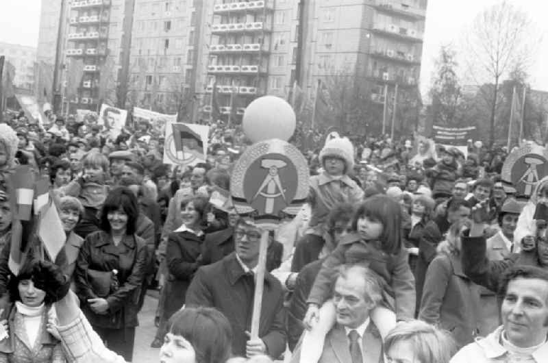 Demonstration and street action zum 1. Mai on Karl-Marx-Allee in the district Mitte in Berlin, the former capital of the GDR, German Democratic Republic