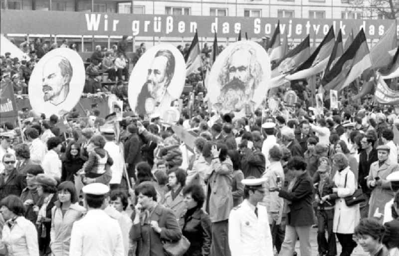 Demonstration and street action zum 1. Mai on Karl-Marx-Allee in the district Mitte in Berlin, the former capital of the GDR, German Democratic Republic