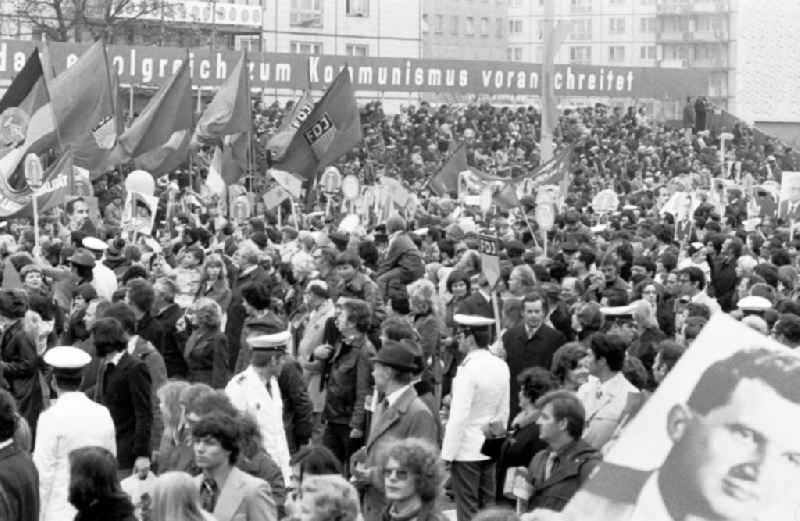 Demonstration and street action zum 1. Mai on Karl-Marx-Allee in the district Mitte in Berlin, the former capital of the GDR, German Democratic Republic